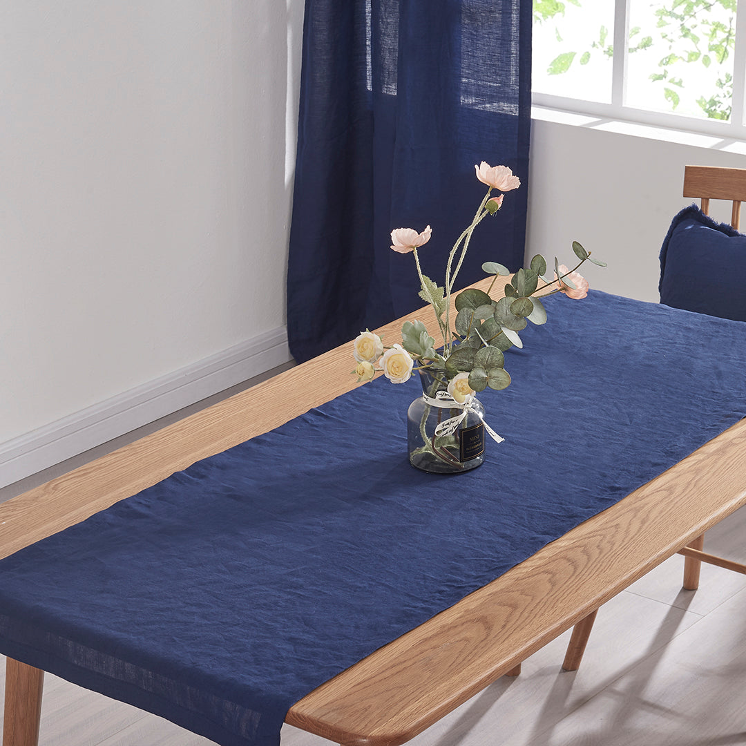 Long Indigo Blue Linen Table Runner in Dining Room