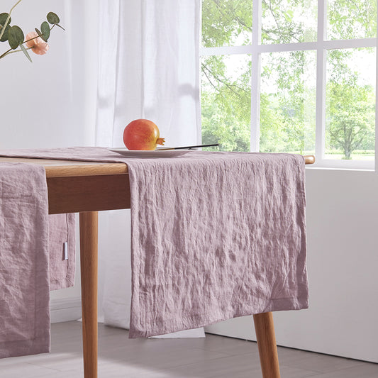 Purple Lilac Linen Table Runners Draped on Dining Table