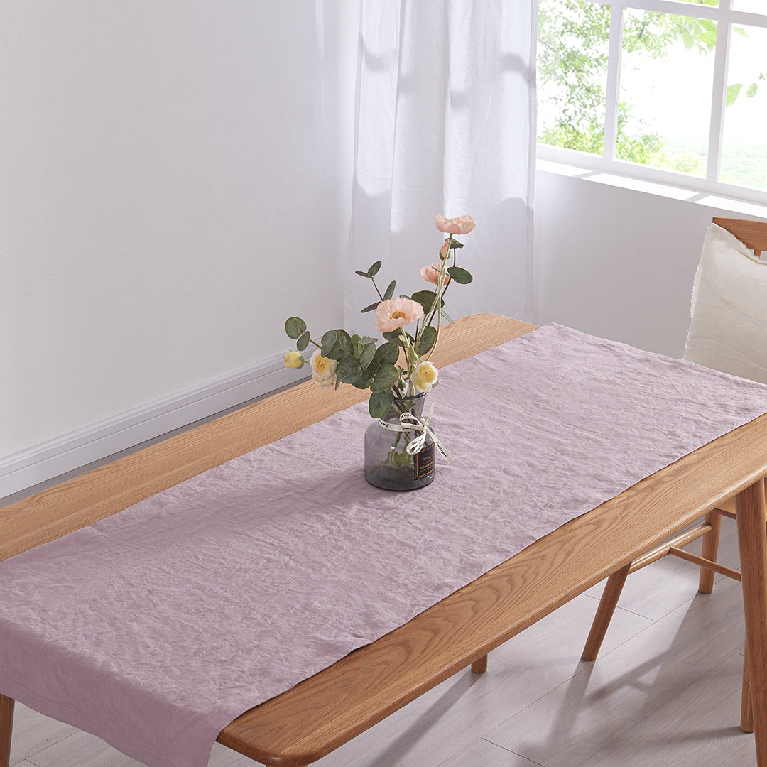 Lilac Linen Table Runner on Table with Flowers
