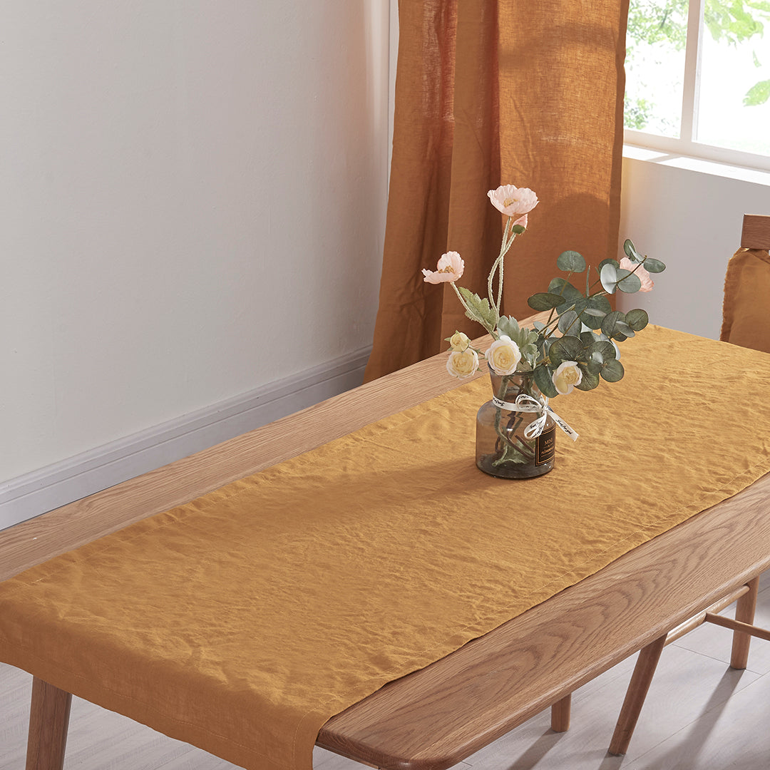 Mustard Yellow Linen Table Runner with Flowers