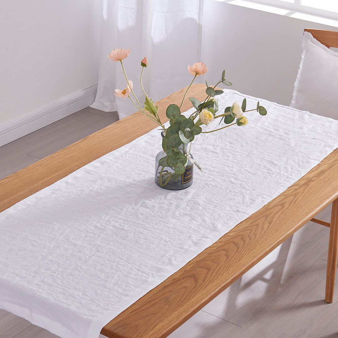 Optic White Linen Table Runner with Flowers