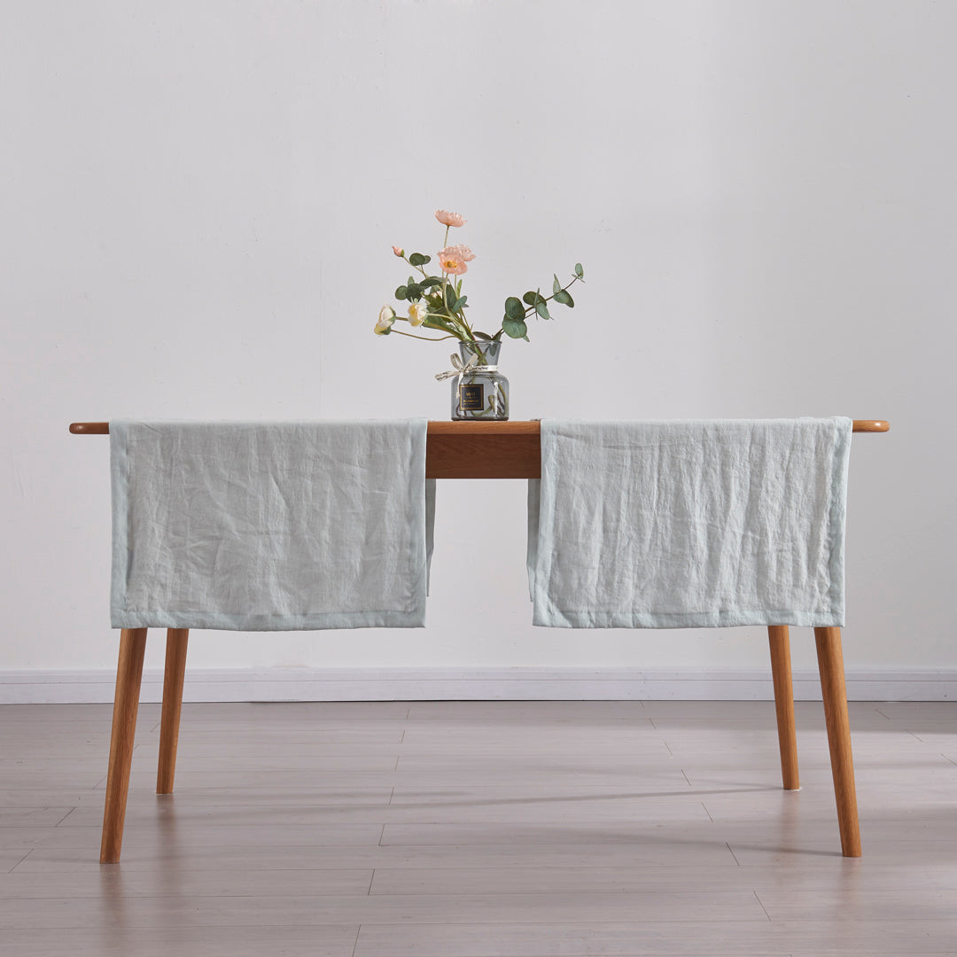 Pale Blue Linen Table Runners in Dining Room