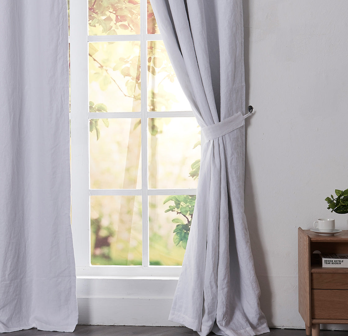 White Linen Curtain Tiebacks Used on Drapery