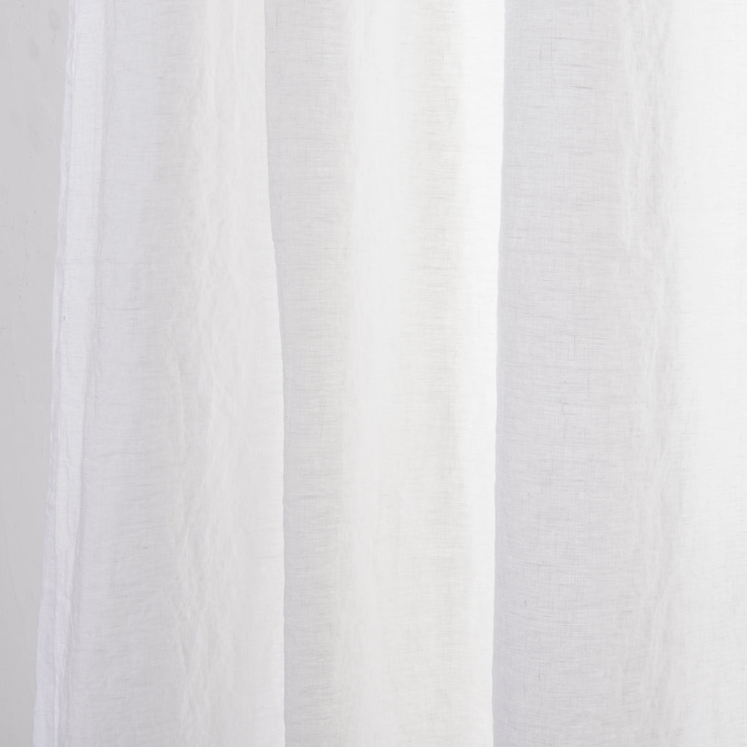 Close-up detail of 100% linen optic white curtain