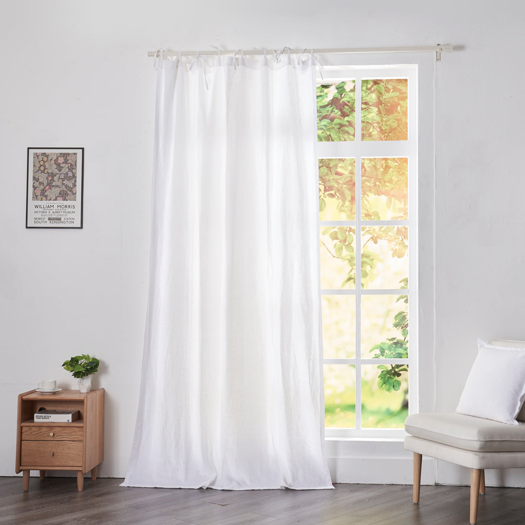 Optic White Linen Drapery With Tie Top on Window