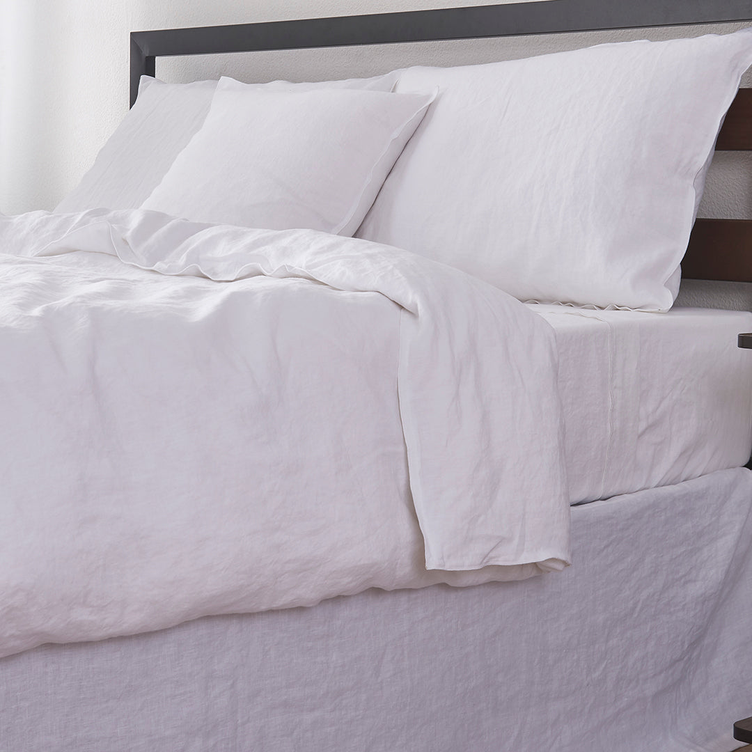 White Linen Duvet Cover and Pillowcases with Embroidered Edge