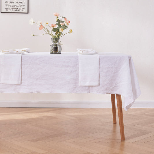 White Linen Tablecloth with Embroidered Edge