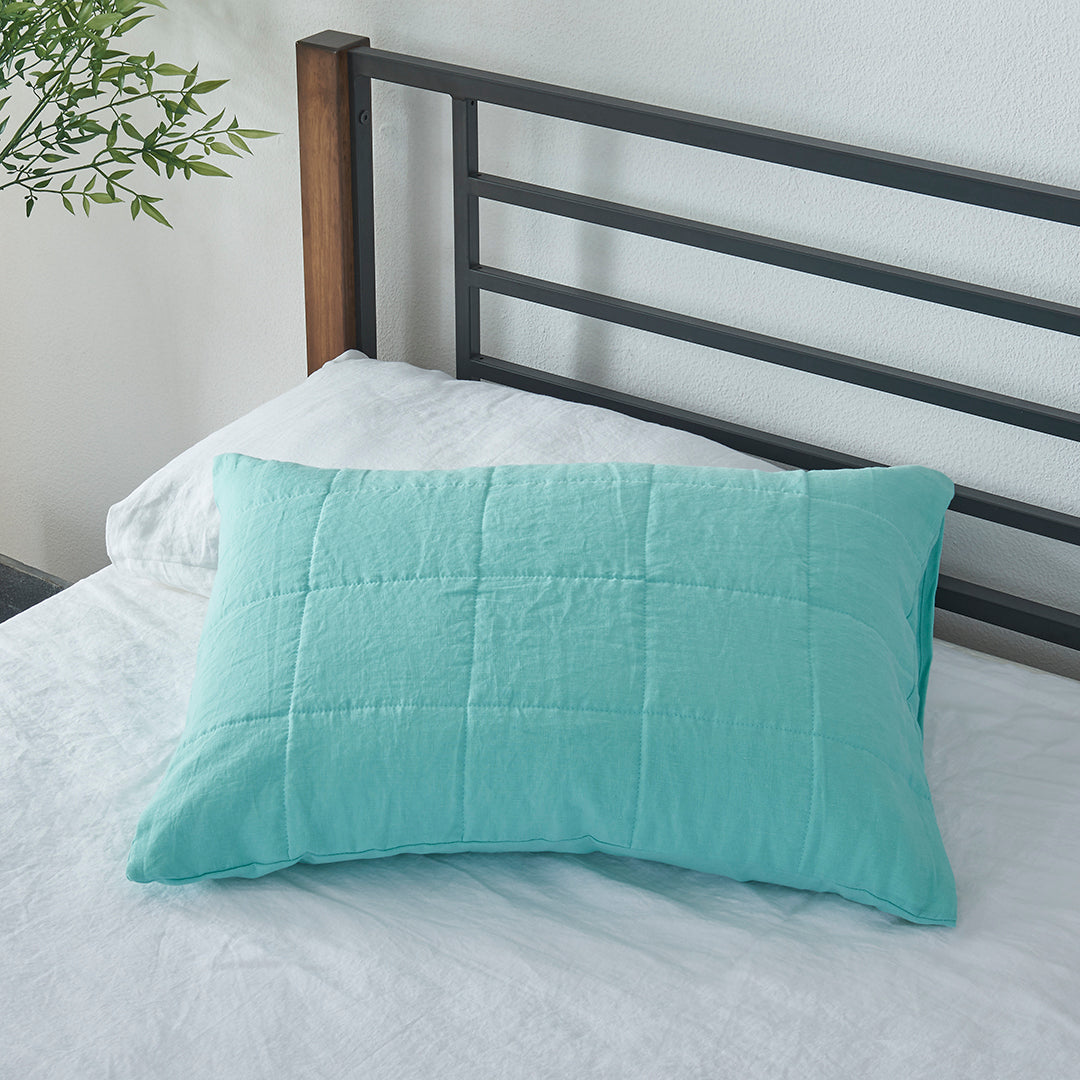 Aqua Green 100% Linen Quilted Pillow Sham