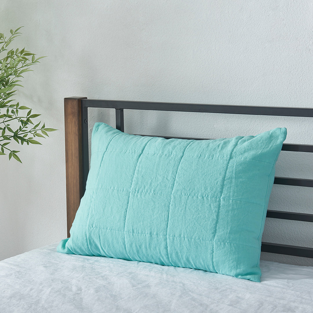 Aqua Green Linen Quilted Sham on Bed