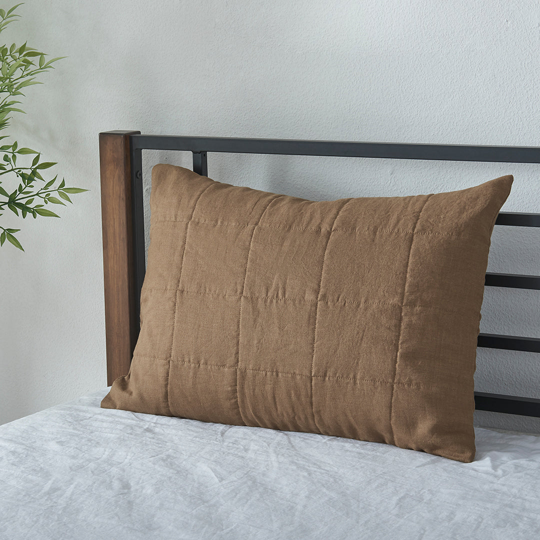 Brown Linen Quilted Sham Pillowcase on Bed