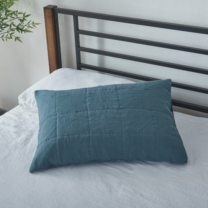 French Blue Linen Pillow Sham Quilted on Bed