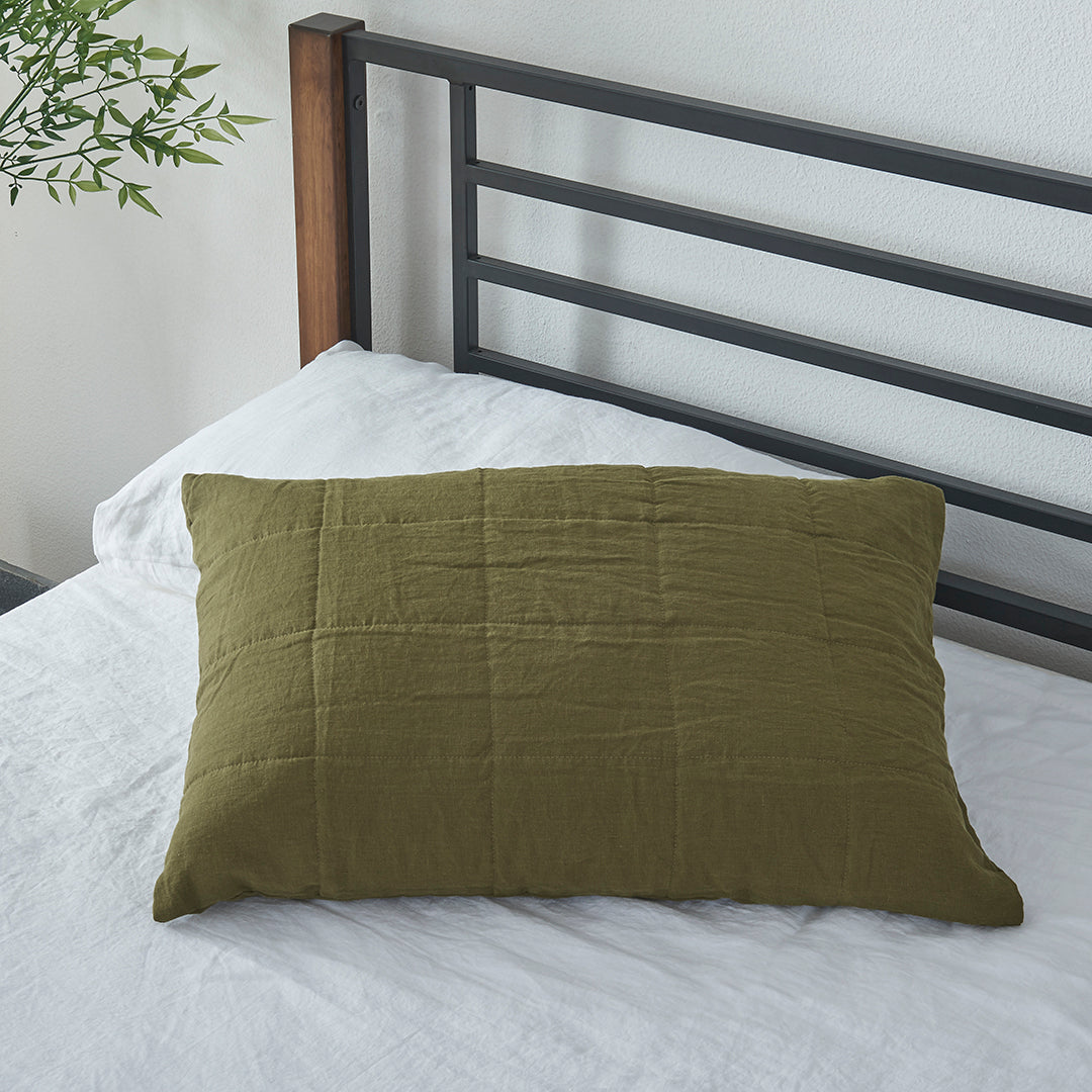 Green Olive Linen Quilted Pillowcase Sham with Bedding