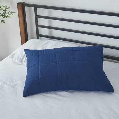 Indigo Blue Linen Pillow Sham Quilted on Bed