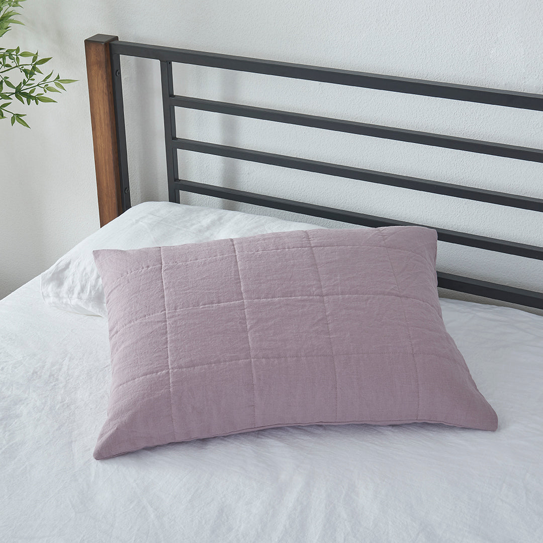 Purple Lilac Linen Quilted Sham Pillowcase on Bed
